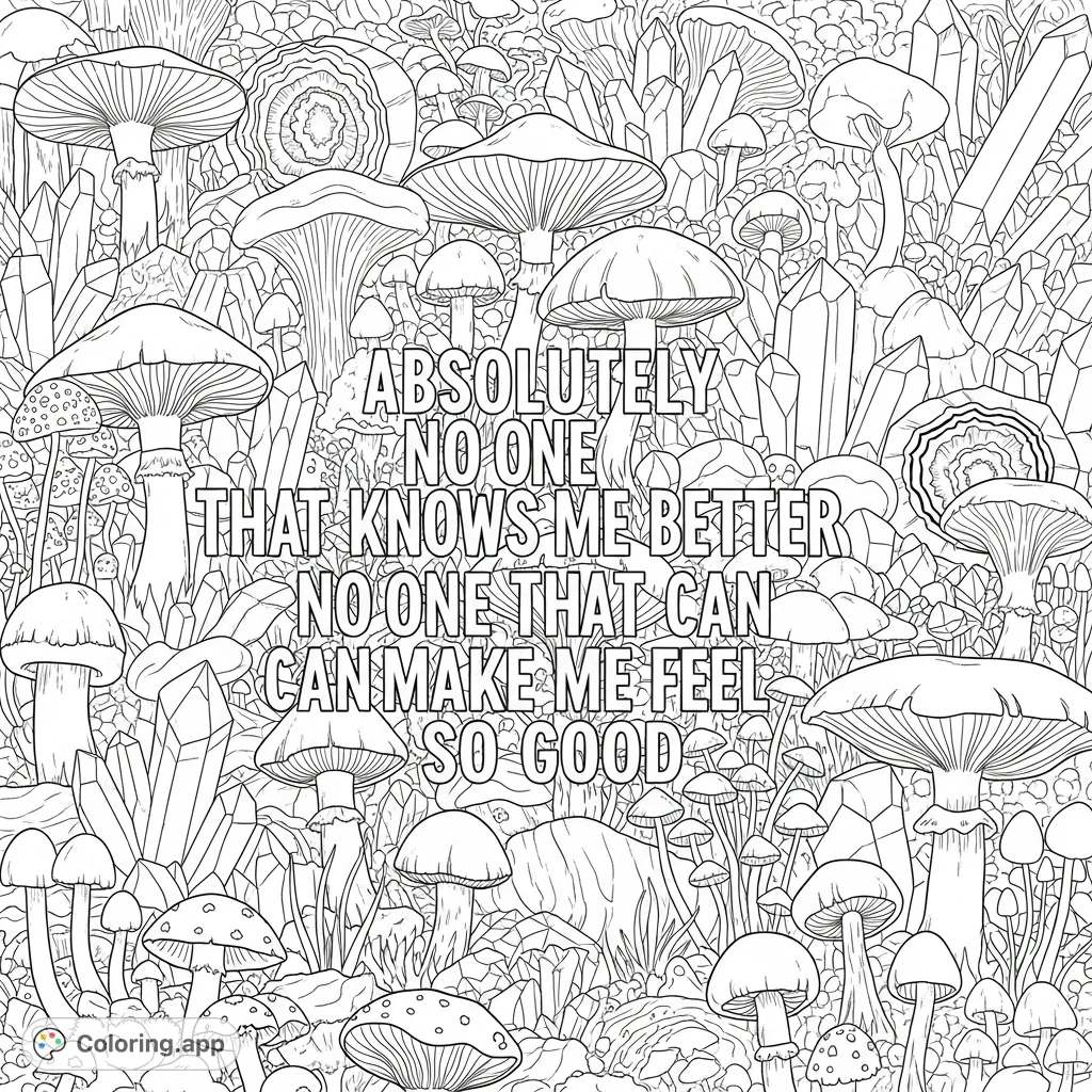 Immerse yourself in a whimsical forest of detailed mushrooms and sparkling crystals, adorned with a powerful affirmation for self-love and introspection.