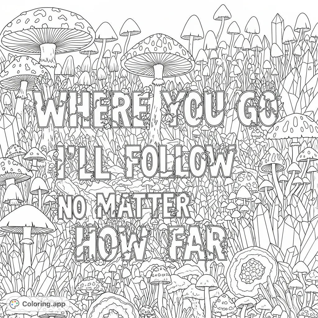 An enchanting fantasy coloring page featuring intricate mushrooms and sparkling crystals, interwoven with the inspiring quote: "Where you go I'll follow no matter how far."
