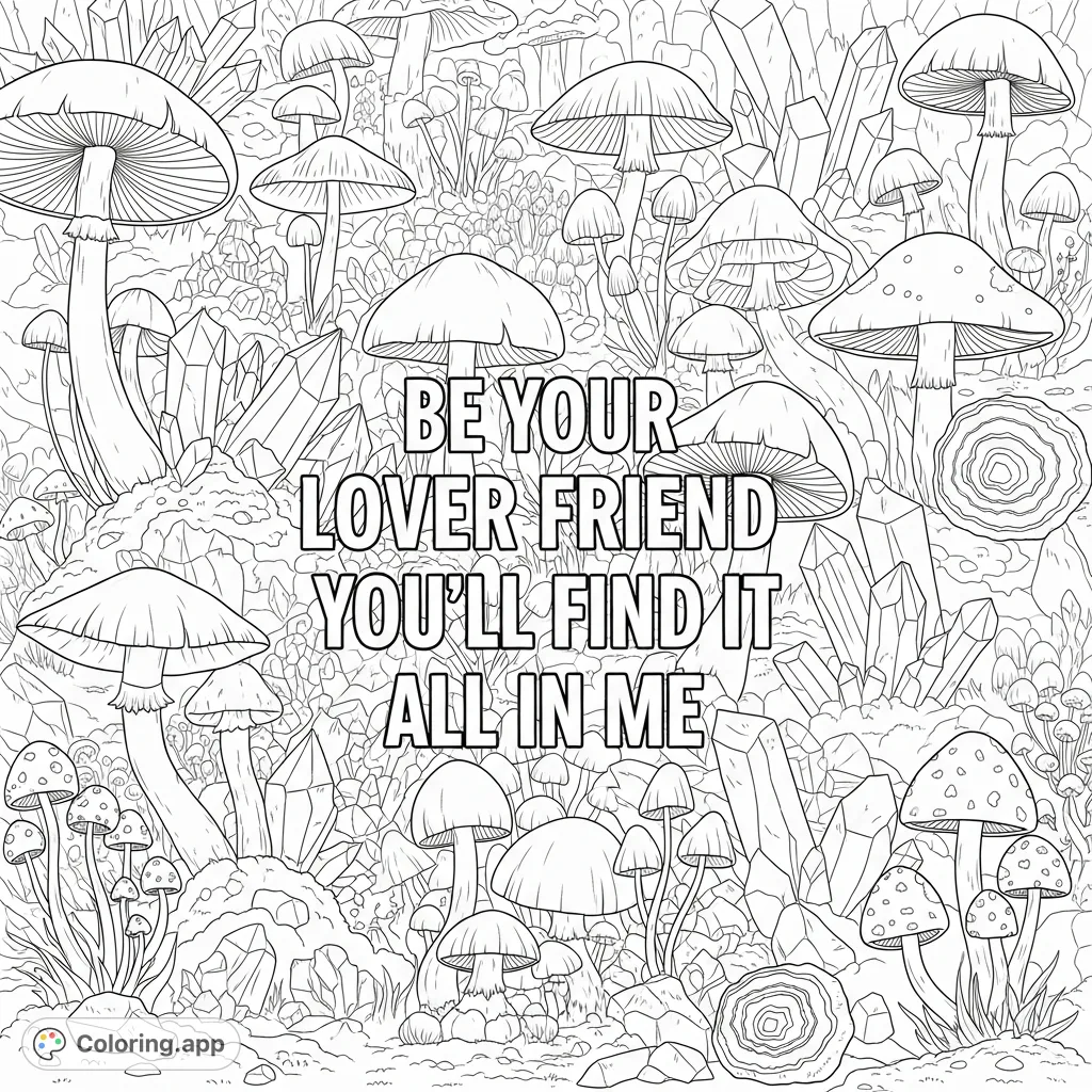 An enchanting lyrics coloring page featuring a dense, fantastical blend of mushrooms and crystals, framing the prominent message "Be your lover friend you’ll find it all in me".