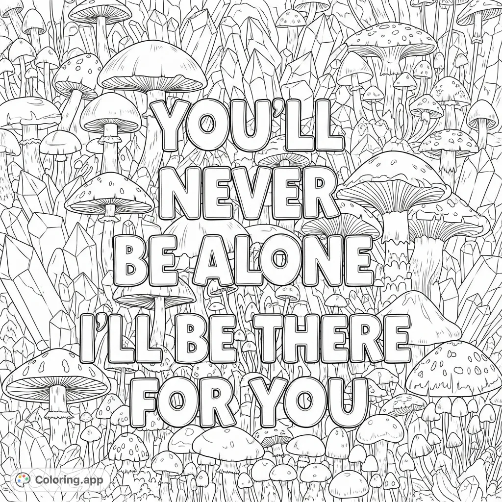 A whimsical forest floor teeming with diverse mushrooms and shimmering crystals, featuring the inspiring text 'You'll never be alone I'll be there for you'.