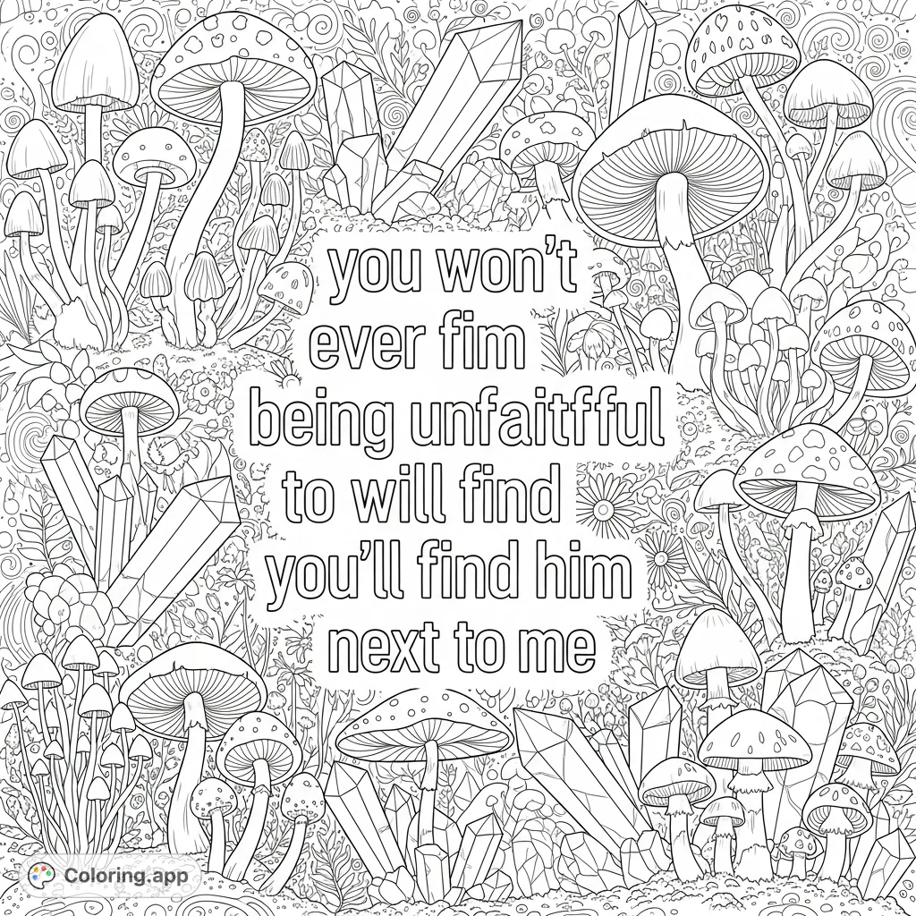 An enchanting scene featuring powerful lyrics amidst a dense, whimsical forest of varied mushrooms and sparkling crystals, perfect for immersive coloring.