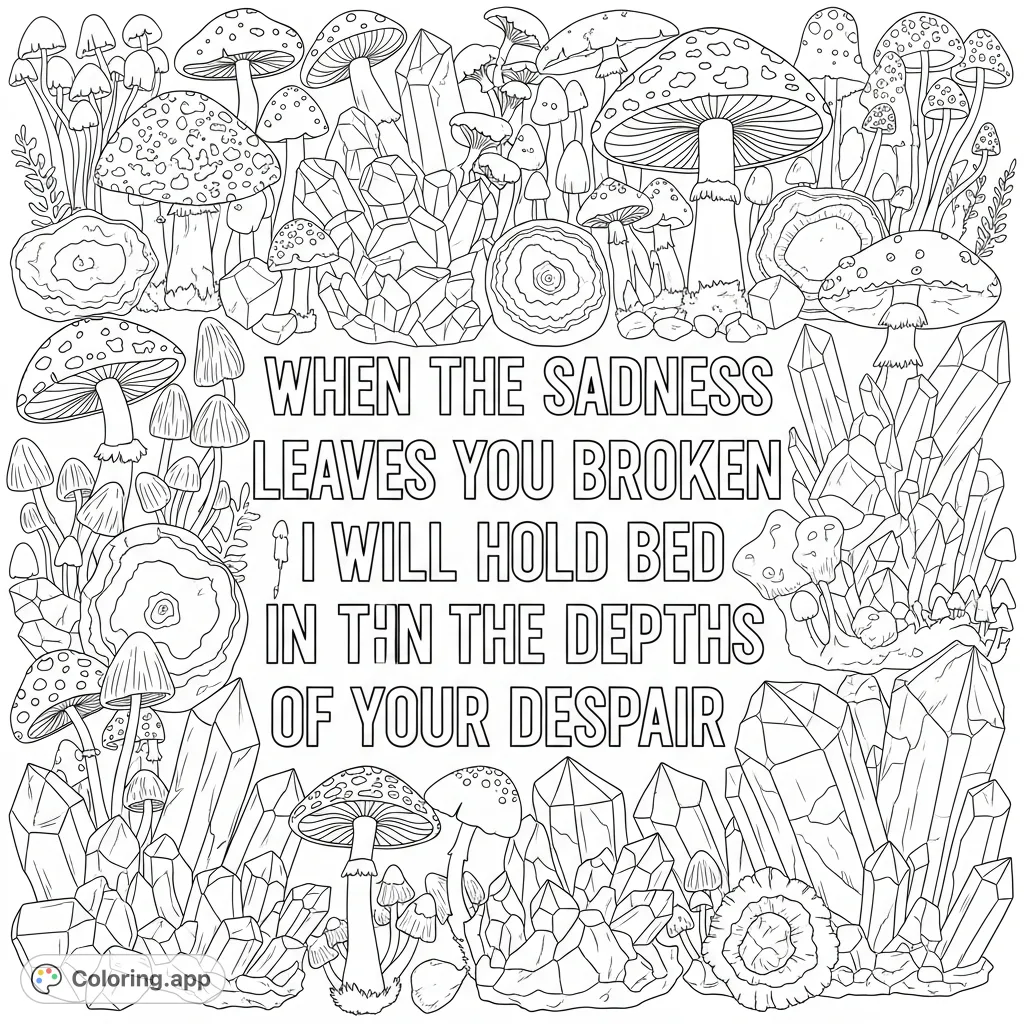 An emotive lyric is framed by a mystical forest of detailed mushrooms and shimmering crystals. A powerful design for introspection and healing through art.