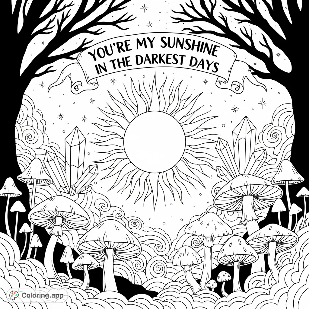 A mystical coloring page with a radiating sun, glowing crystals, and whimsical mushrooms, encircled by the heartfelt lyric, perfect for reflecting on hope and light.