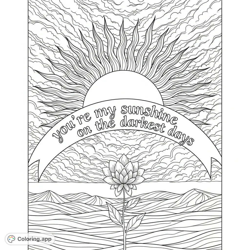 An uplifting 'Sunshine on Darkest Days' coloring page featuring a radiant sun, textured clouds, and a resilient flower with an inspiring lyric.