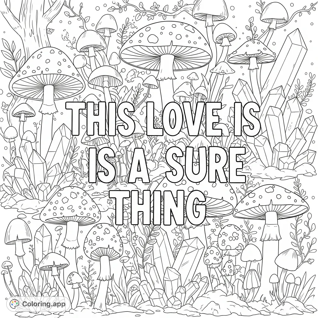 A whimsical coloring page featuring the heartfelt lyric "This love is a sure thing" surrounded by enchanting mushrooms and sparkling crystal formations.