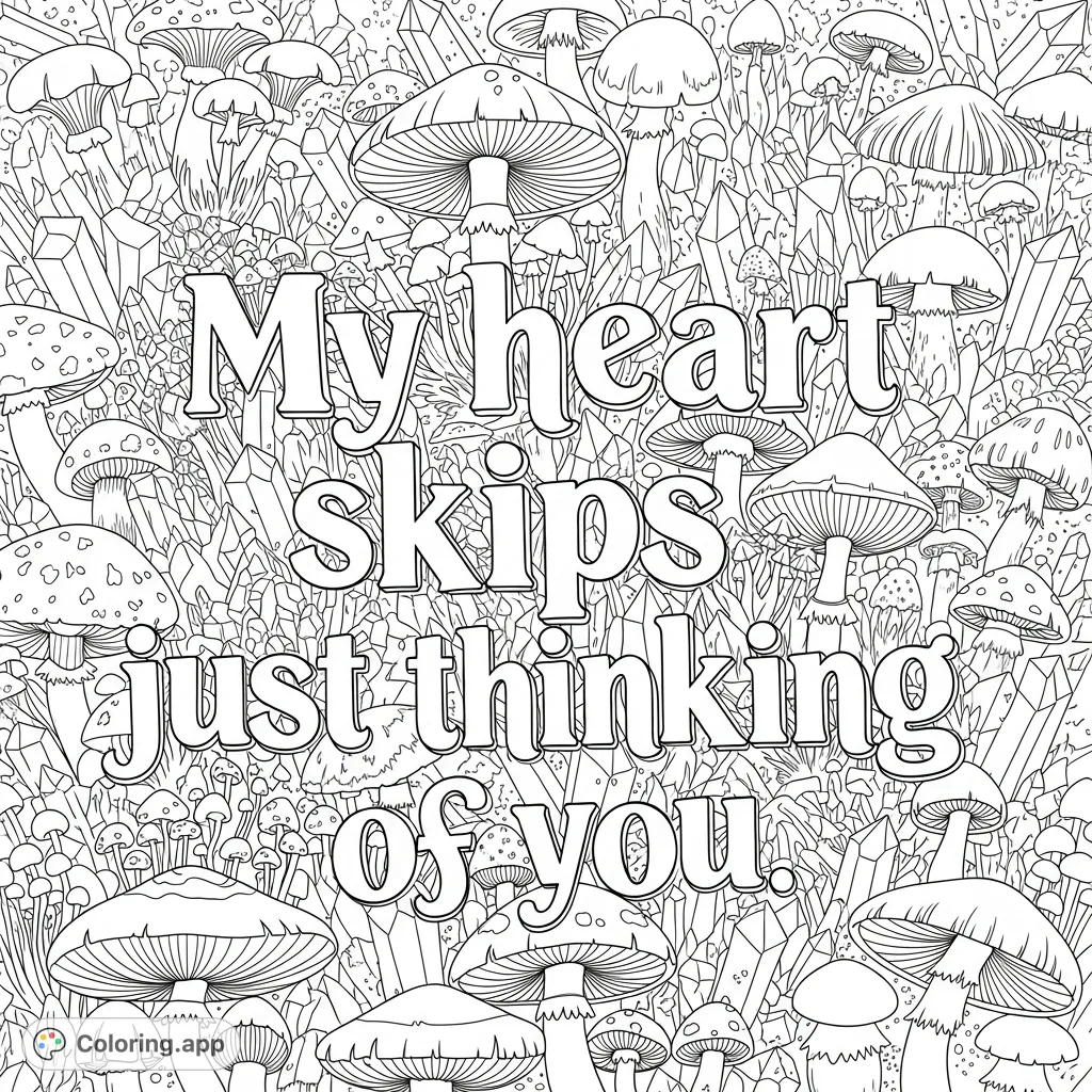 An enchanting coloring page featuring the quote "My heart skips just thinking of you" amidst a captivating backdrop of intricate mushrooms and sparkling crystals.