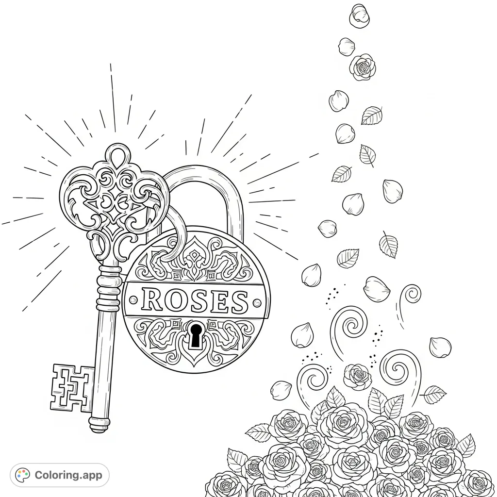 Unlock your creativity with this intricate key and lock design, adorned with the word "ROSES" and surrounded by a beautiful cascade of blossoms.
