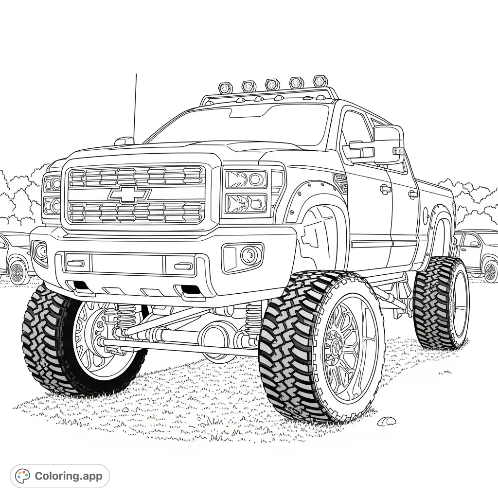 A detailed coloring page featuring a large, lifted off-road pickup truck with massive tires, prominent suspension, and rugged features, ready for adventure.