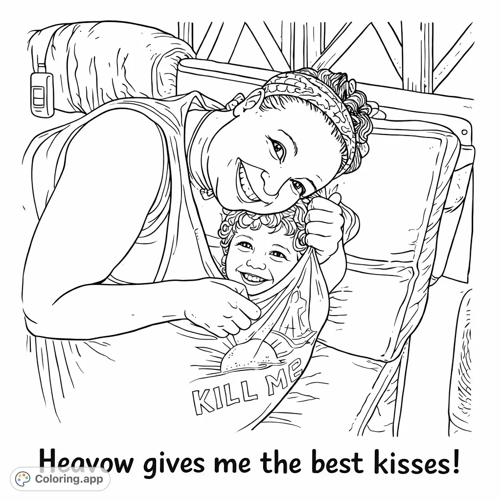 A heartwarming image of a woman embracing a child peeking from her shirt, both smiling. Captures a moment of pure joy and affection. Heavow gives me the best kisses!