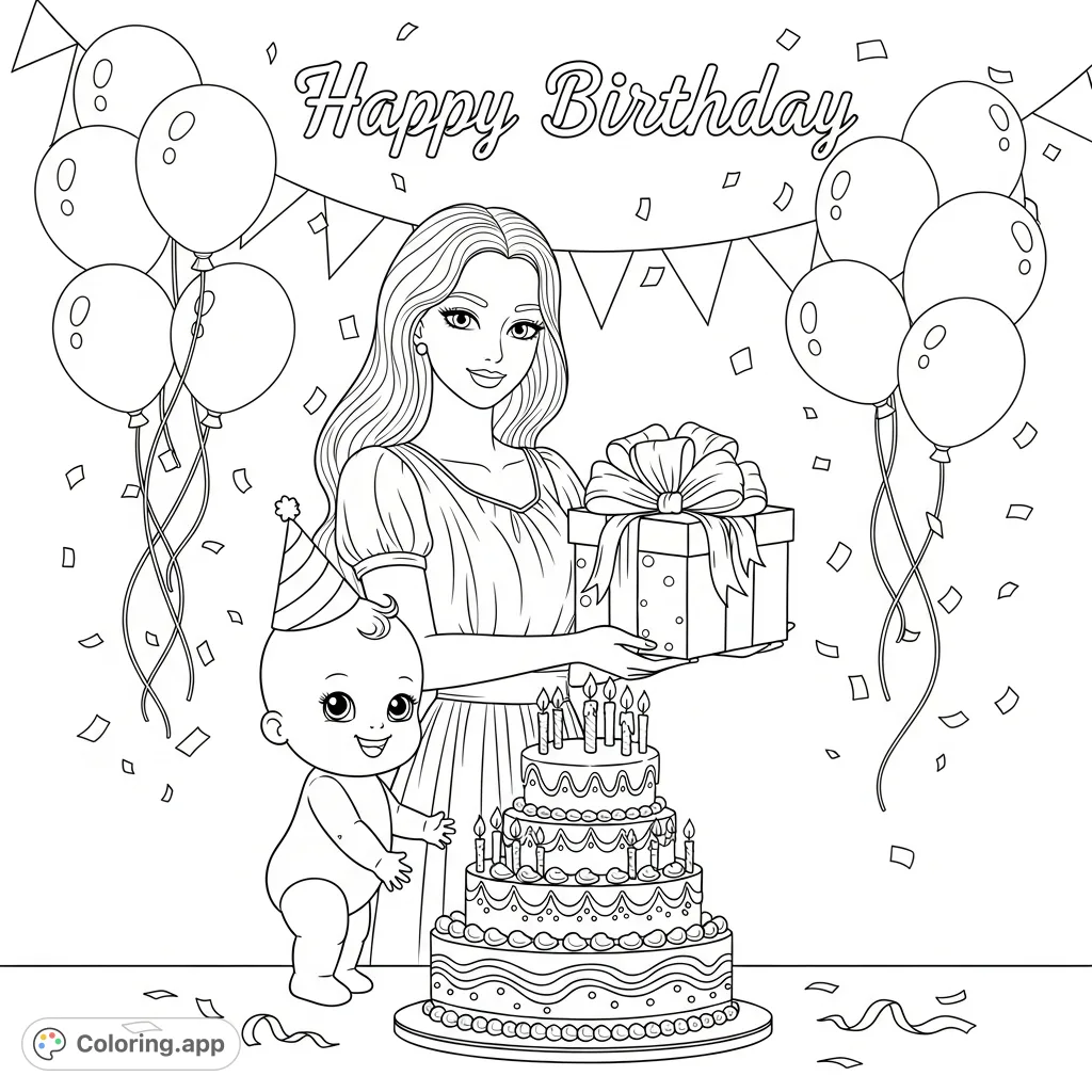 Celebrate with Lovely and Baby Love! A heartwarming birthday scene featuring a grand cake, festive decorations, and prominent text for a personalized touch.