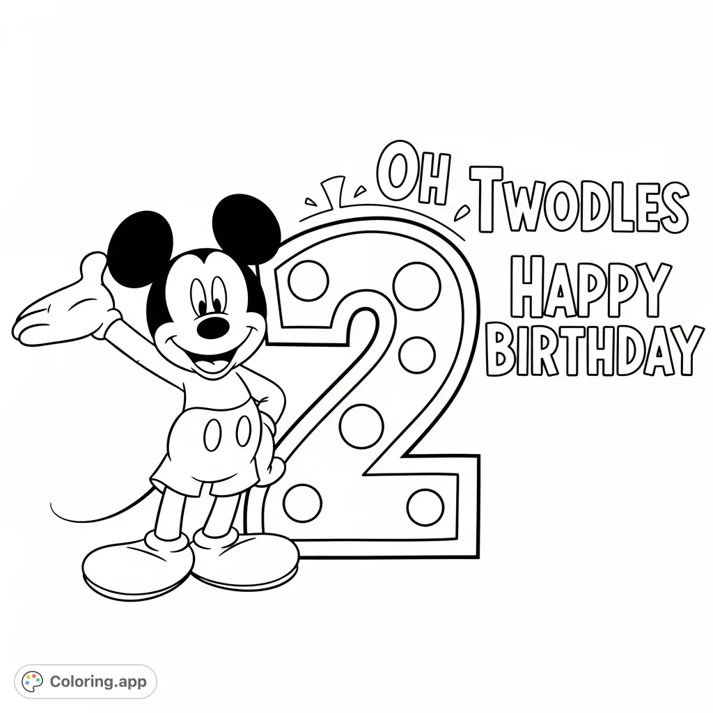 Celebrate with Mickey Mouse next to a festive number 2, exclaiming "Oh Twodles Happy Birthday!" A joyful free printable coloring page for kids.