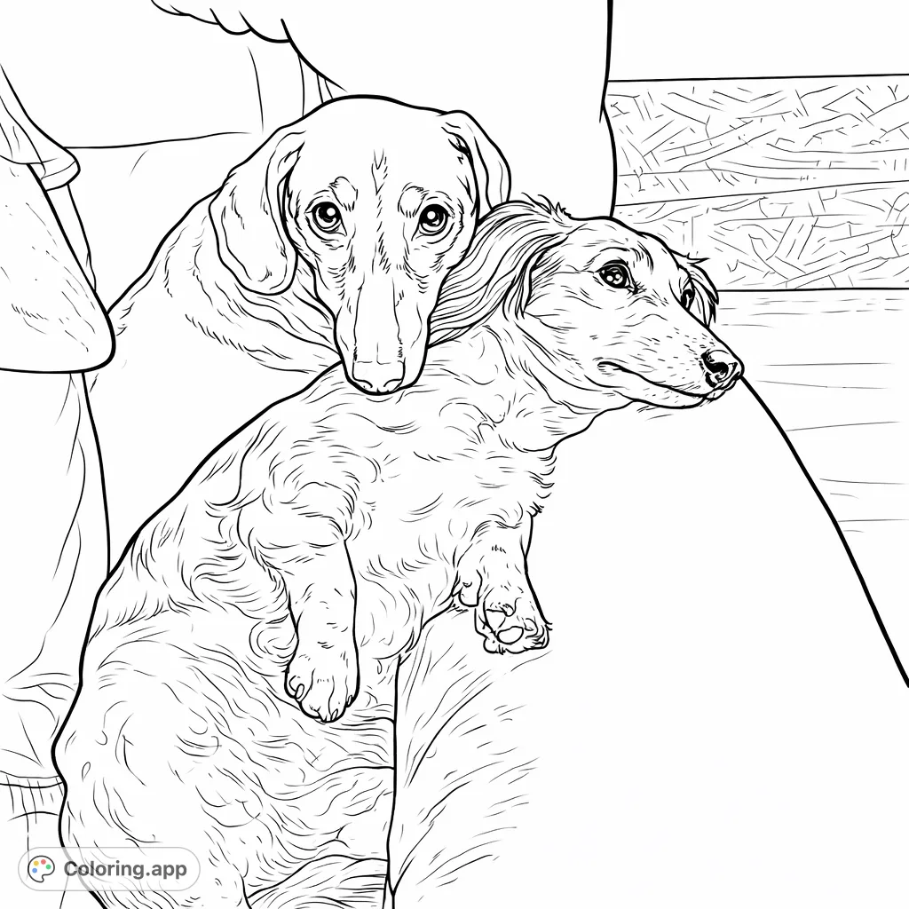 Relax with this heartwarming dog coloring page featuring two friendly canines snuggled together on a cozy couch. Perfect for pet lovers and all ages.
