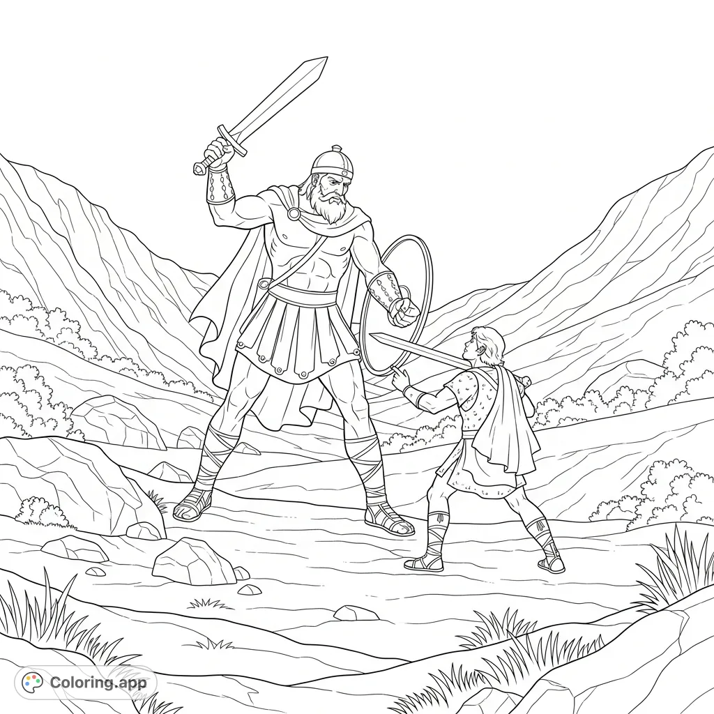 A David and Goliath coloring page depicting the epic clash between the young hero and the giant warrior wielding a mighty sword in a dramatic valley setting.