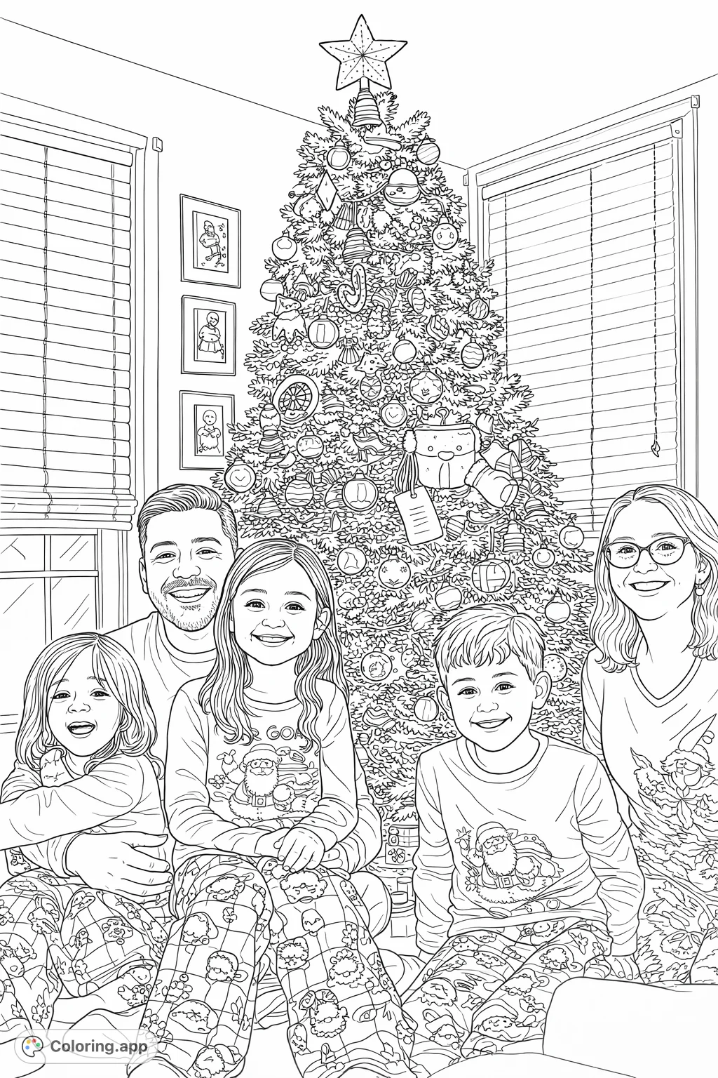 A heartwarming family portrait with two adults and three children gathered around a brightly decorated holiday tree. Capture the festive spirit with this delightful scene.