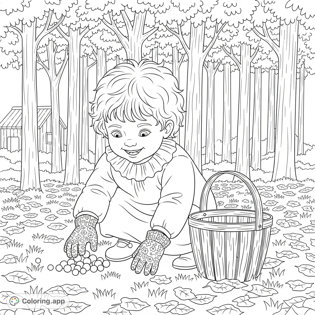 A charming coloring page featuring a joyful child collecting bead-like objects in a forest, surrounded by leaves, grass, and trees with a hidden playhouse.