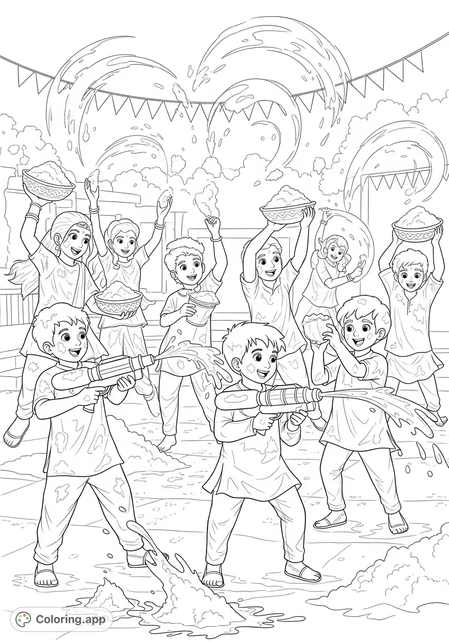 Experience the vibrant joy of Holi with this festive coloring page featuring children playing with pichkaris and colorful powder. A free printable coloring page for kids!