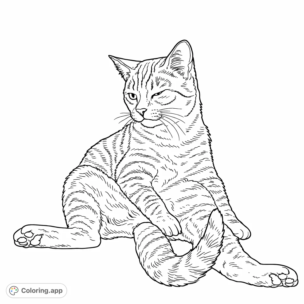 A charming free printable cat coloring page featuring a relaxed feline with intricate fur patterns, playfully winking. Perfect for cat lovers of all ages!
