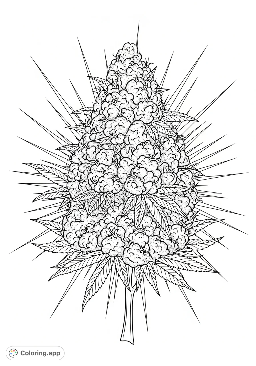 Explore a giant cannabis bud enveloped by a dynamic starburst. This unique coloring page offers intricate details for an engaging, creative experience.