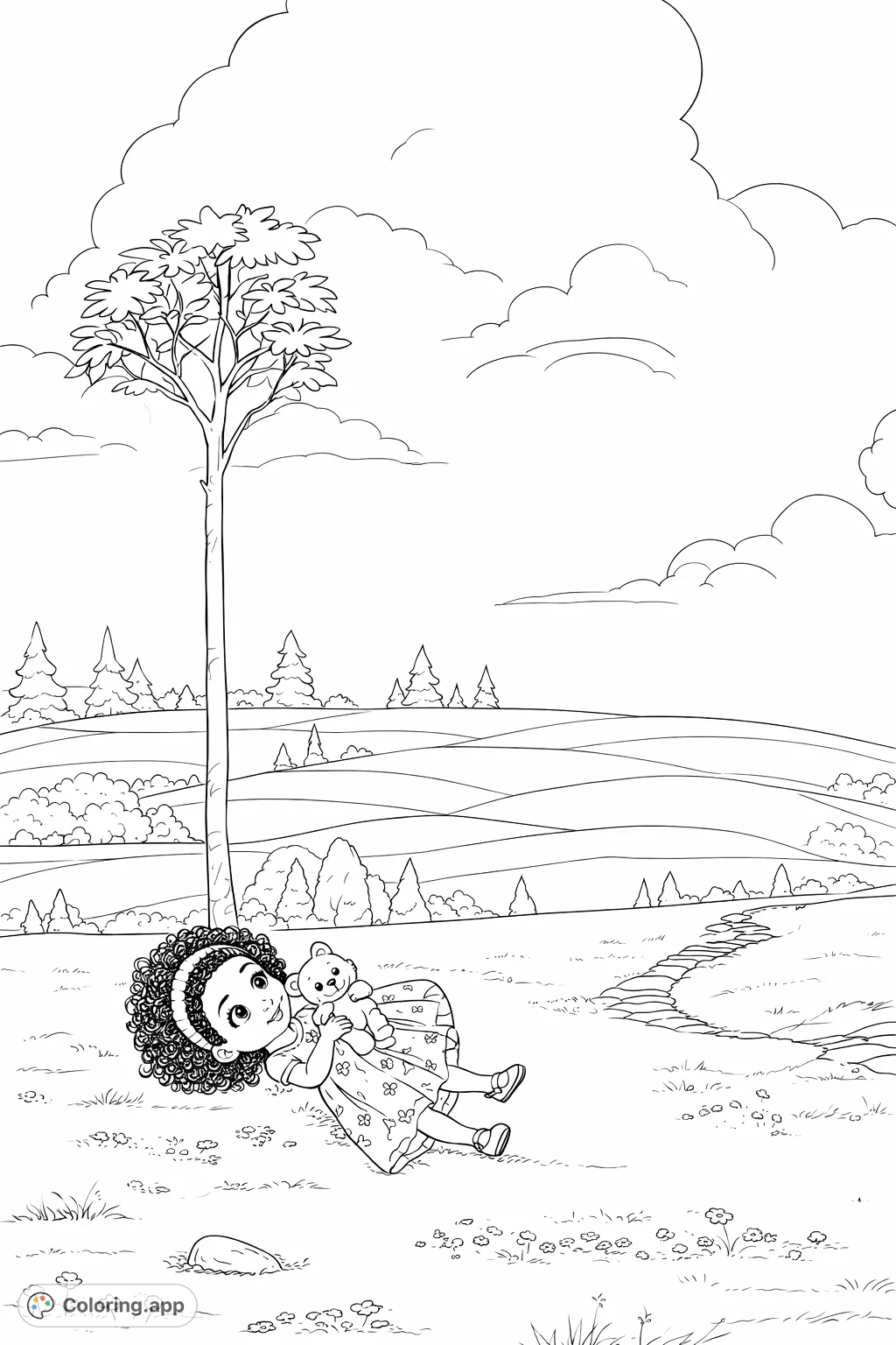 A charming scene of a young girl lying in a peaceful field with her teddy bear, surrounded by rolling hills and soft clouds. A whimsical and relaxing coloring experience.