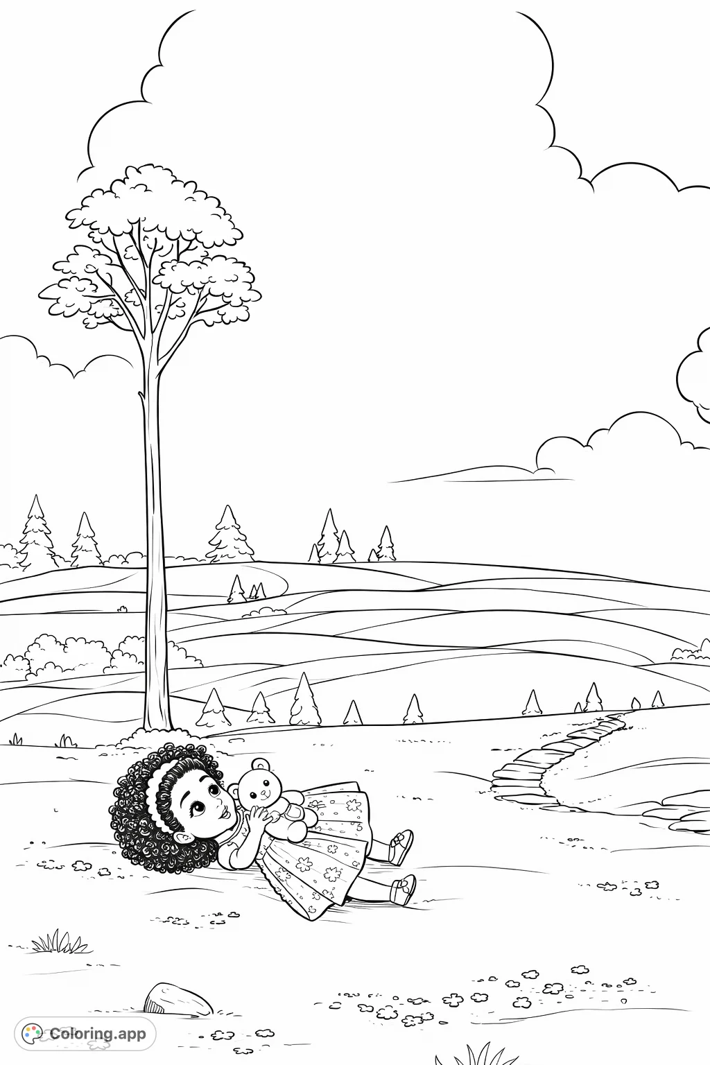 A peaceful scene featuring a young girl and her teddy bear resting in a vast meadow with rolling hills and a tall tree. Perfect for imaginative coloring fun.