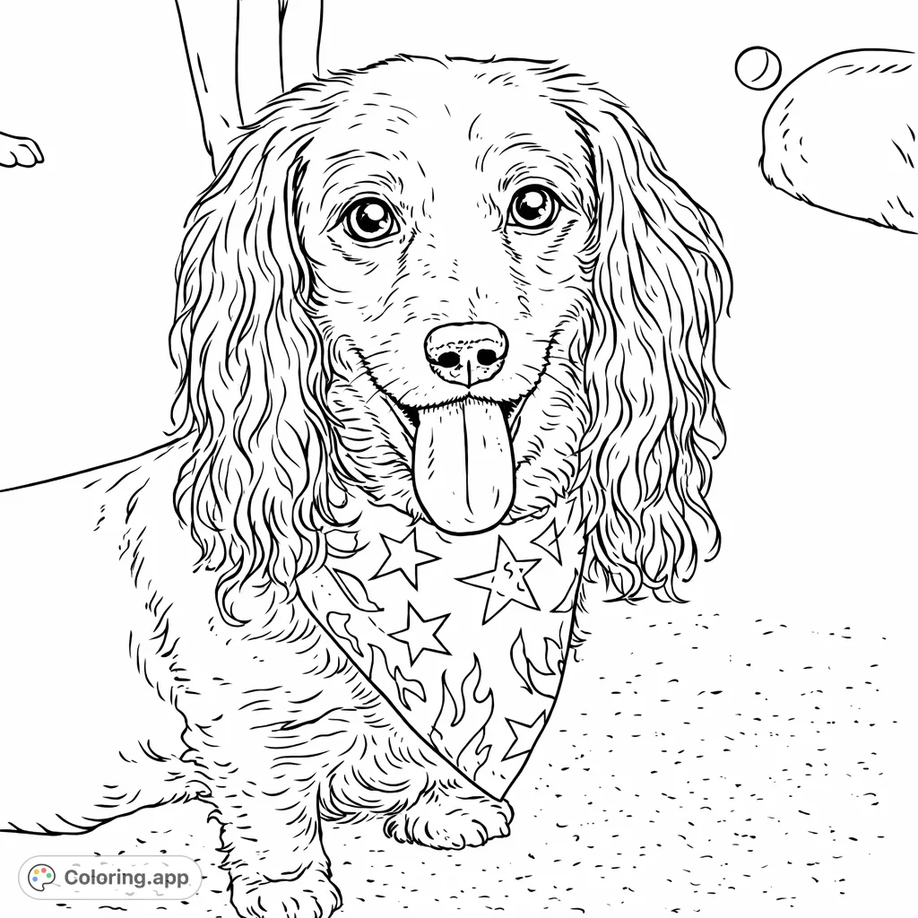 A delightful long-haired dog with expressive eyes and a patterned bandana, ready for a splash of color. Perfect for pet lovers!