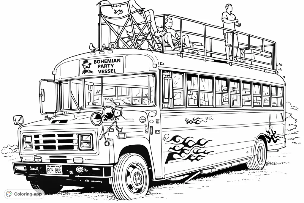Journey with a unique Bohemian party bus, complete with rooftop revelers and intricate decals. A fun, free printable bus coloring page for all ages.