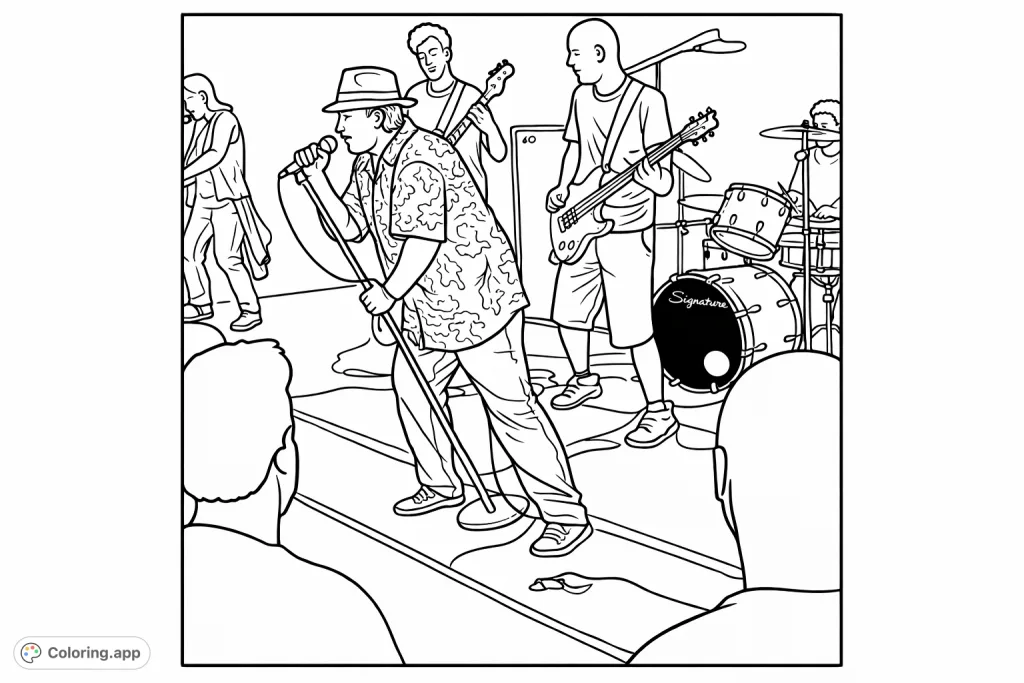Capture the energy of a live band! This detailed coloring page features musicians on stage, including a lead singer, guitarists, and a drum kit, ready for your creative touch.