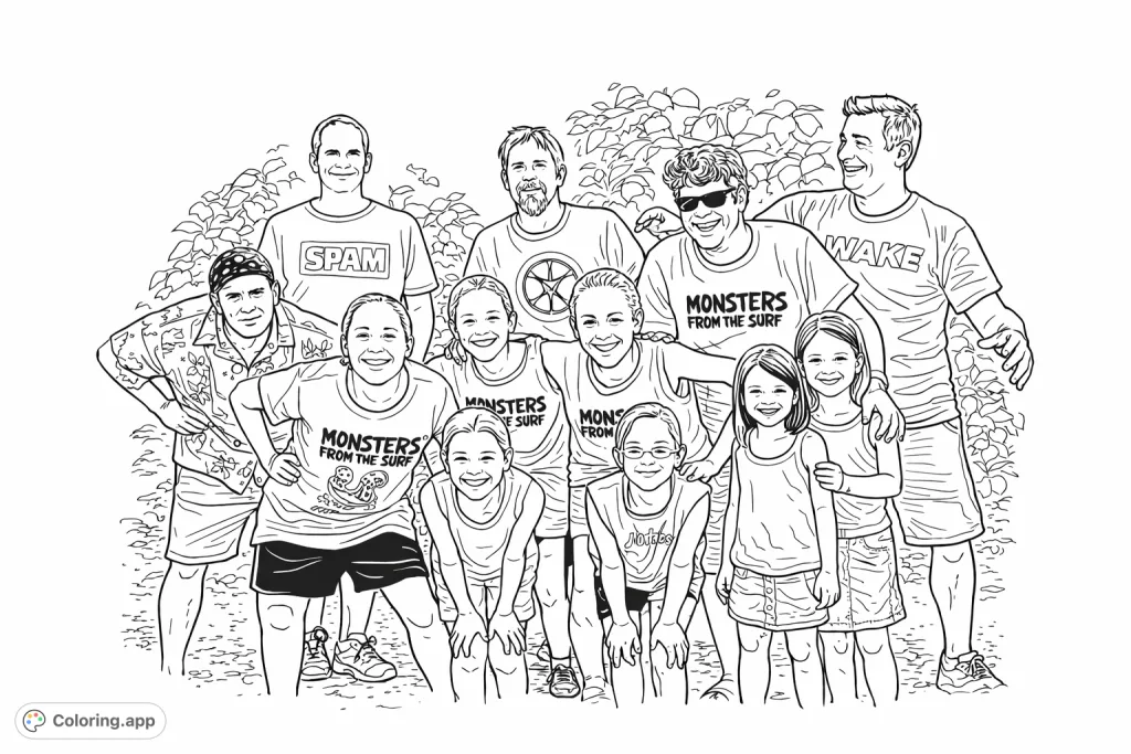 A lively group of adults and children gather for a cheerful outdoor portrait, with smiles and casual attire against a natural, leafy background.