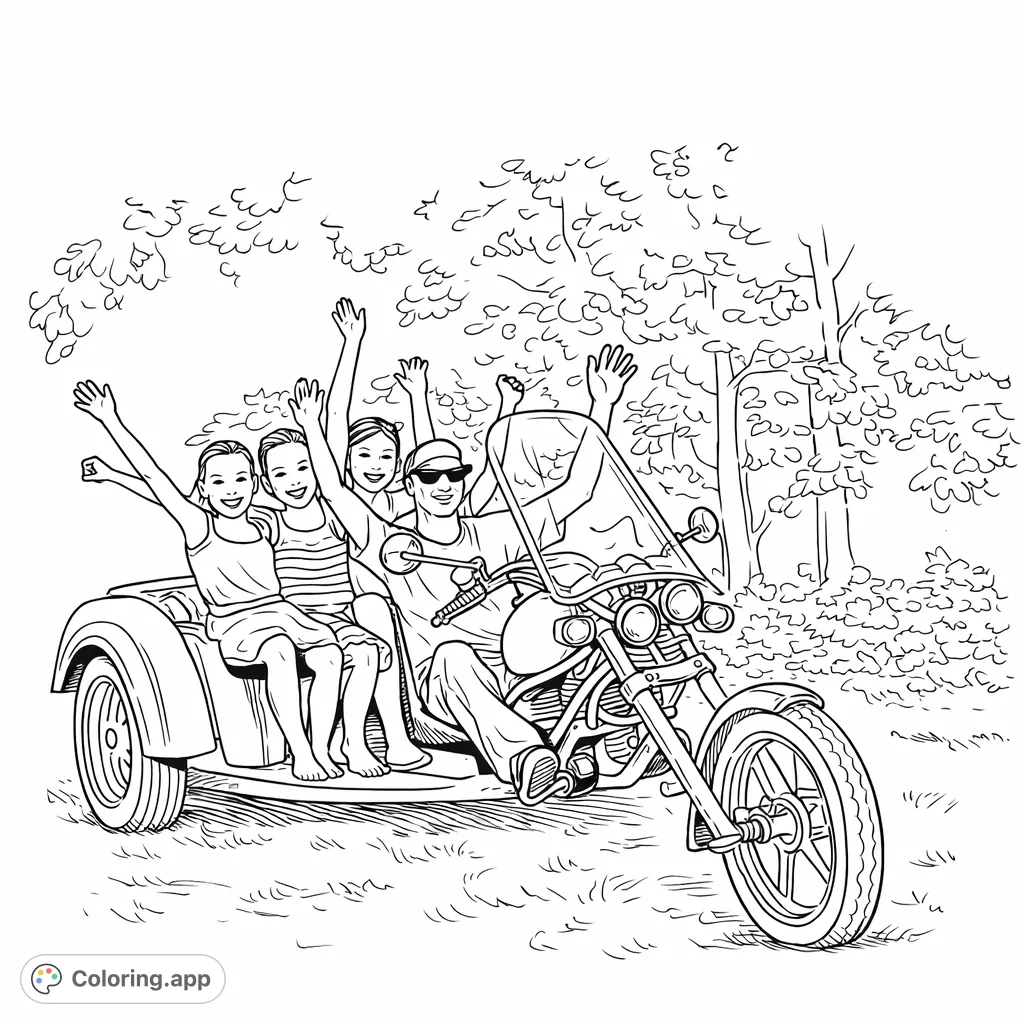 A joyful group enjoys a fun trike ride with arms raised in excitement. Perfect for an adventure-themed coloring page, capturing group fun outdoors.