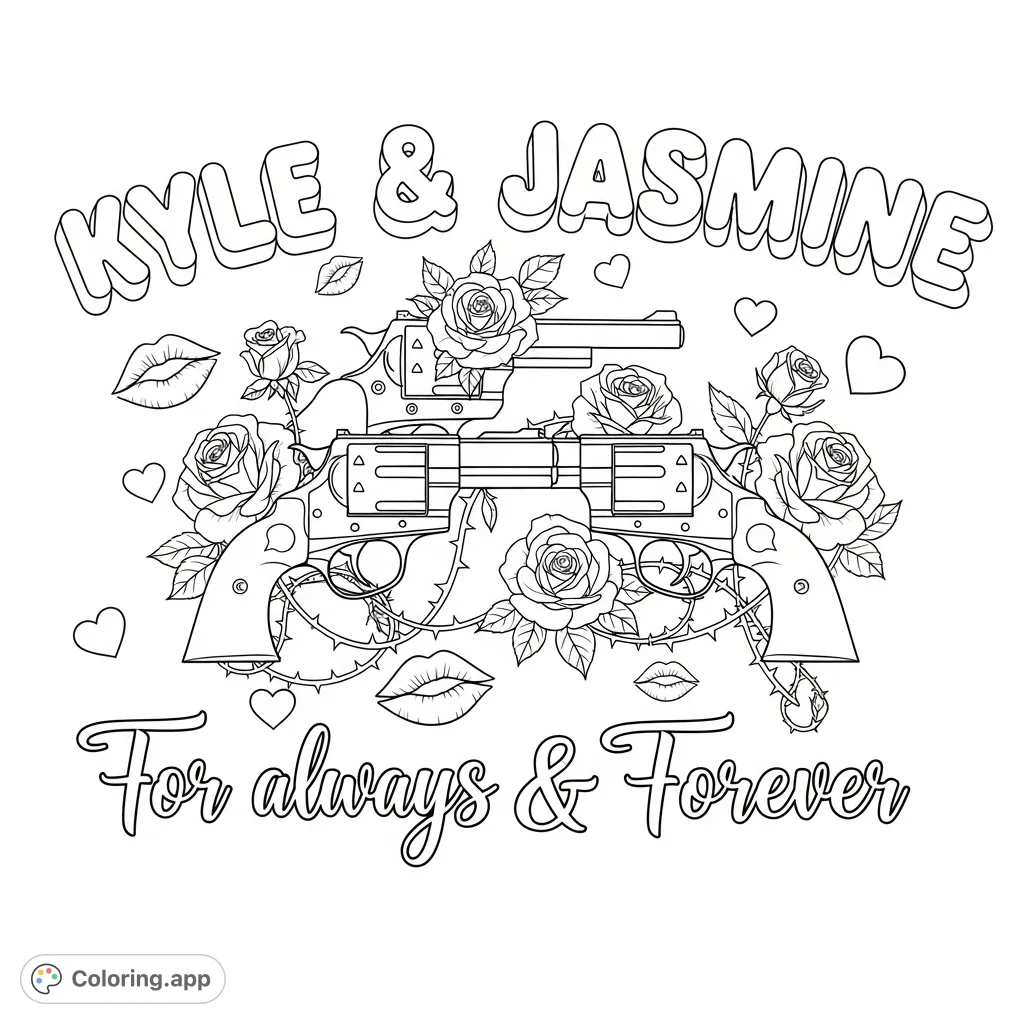 A unique coloring page featuring prominent names, heartfelt script, and intertwined revolvers with roses, surrounded by romantic shapes.