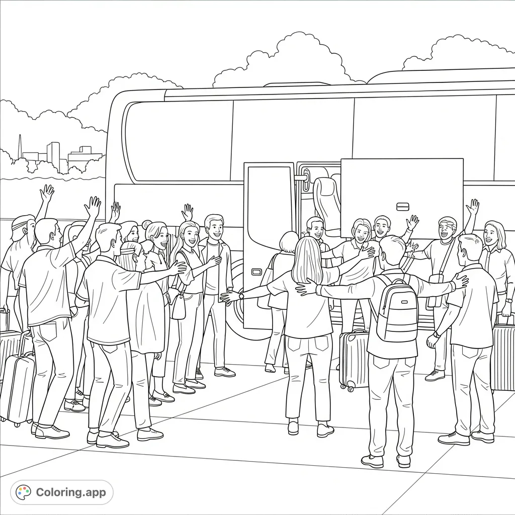 A heartwarming scene of people joyfully greeting family and friends as they disembark a bus, complete with smiles, waves, and luggage. A beautiful reunion.