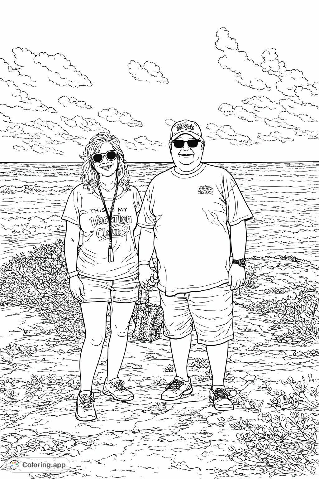 A cheerful couple stands hand-in-hand by the vast ocean, on a rocky, plant-scattered coast beneath a cloudy sky, ready for a serene adventure.