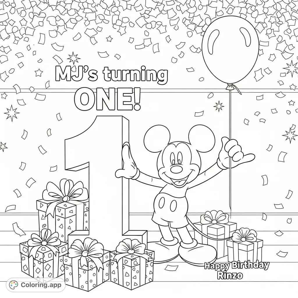 A delightful Mickey Mouse coloring page celebrating a first birthday with a giant numeral "1," "MJ's turning ONE!" text, gifts, confetti, and stars.