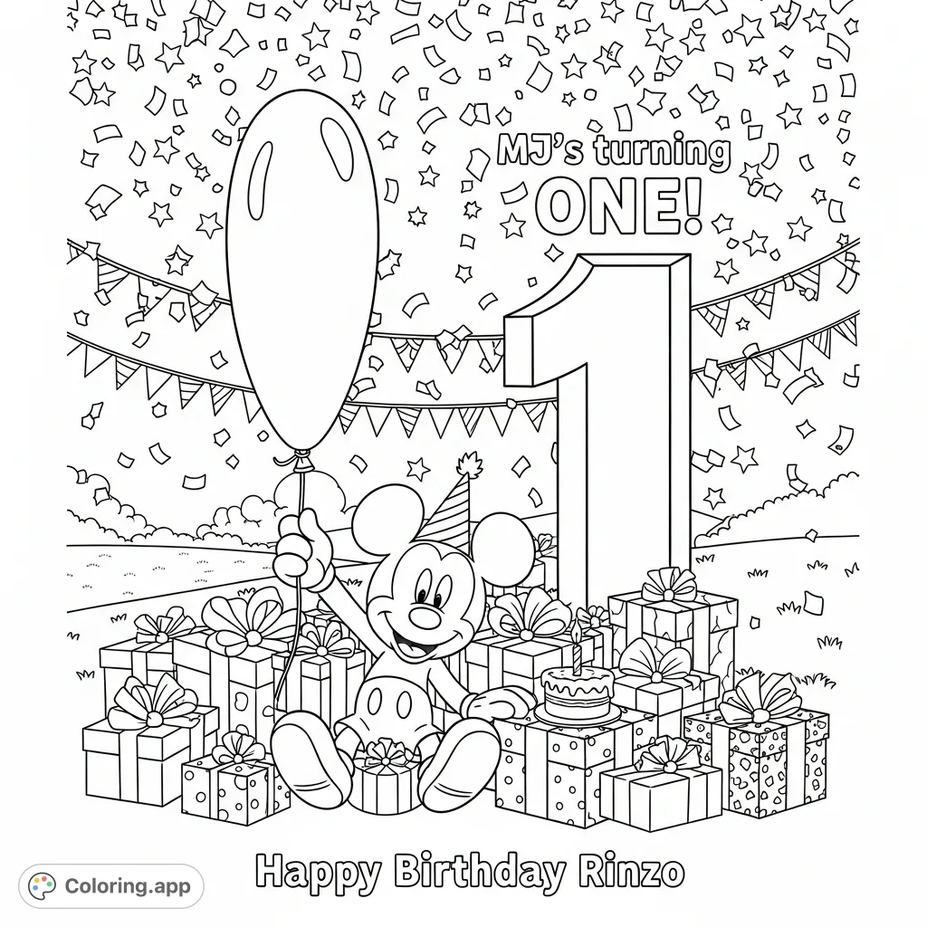 Join cheerful Mickey Mouse amidst gift boxes, balloons, and confetti, celebrating a special first birthday. A delightful, free printable coloring page for all ages.