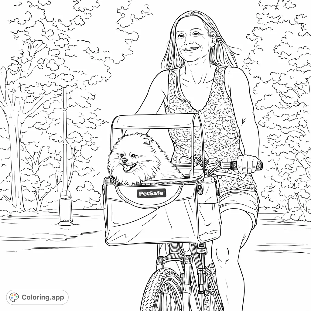 A joyful woman bikes with her fluffy dog in a front basket, enjoying an outdoor adventure. Perfect for pet lovers and cycling enthusiasts.
