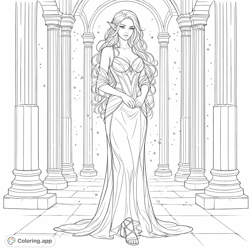 An elegant elf in a flowing gown stands amidst a majestic, columned hall, offering an intricate fantasy scene for detailed coloring.