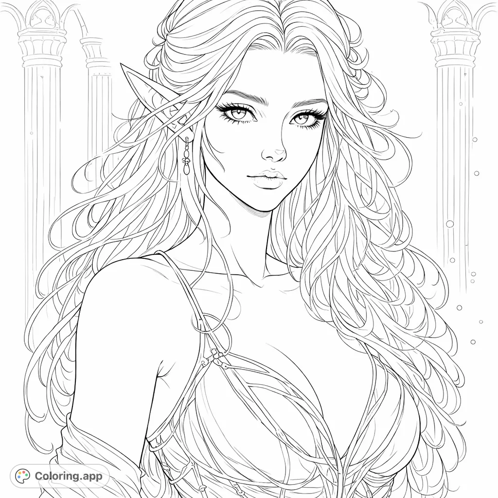 Color a stunning elven woman with flowing hair, pointed ears, and an ornate gown set against a backdrop of ancient columns. A detailed fantasy portrait.
