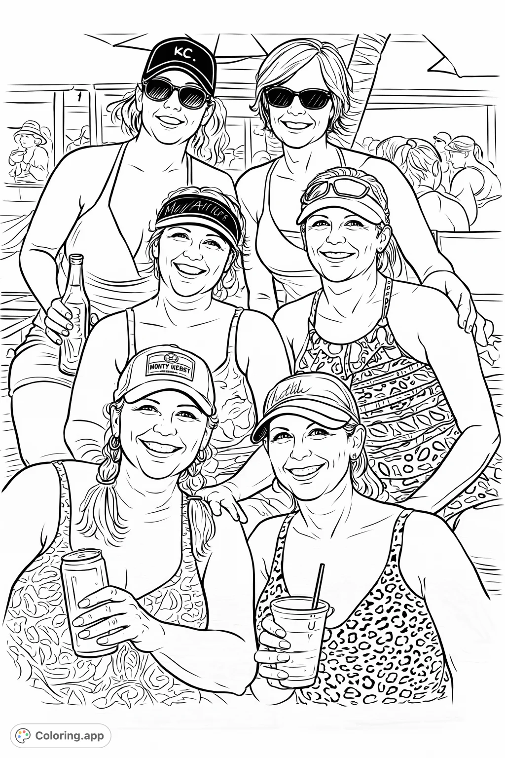 Capture the joyful spirit of friendship with this beach-themed coloring page featuring a smiling group of women enjoying a sunny day together. Perfect for relaxation.