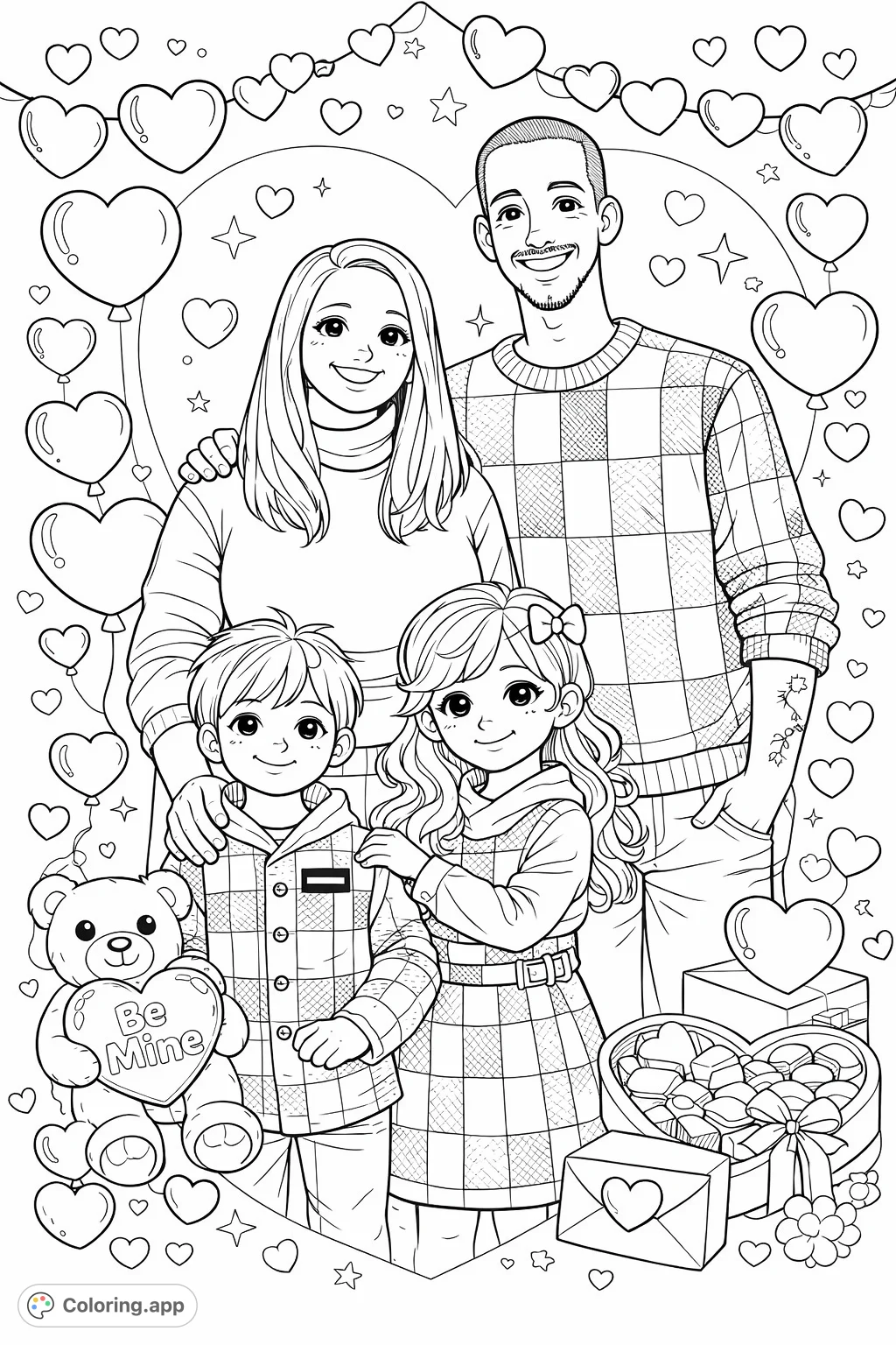 A heartwarming family portrait surrounded by festive heart decorations, a sweet teddy bear, and special gifts. Perfect for celebrating love and togetherness.