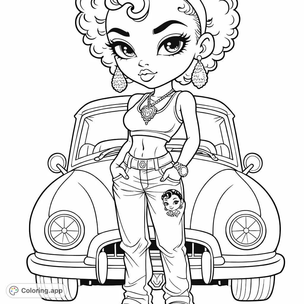 A stylish character with curly hair, jewelry, and a crop top, posing casually against a classic car. Perfect for fashion and vintage car enthusiasts.
