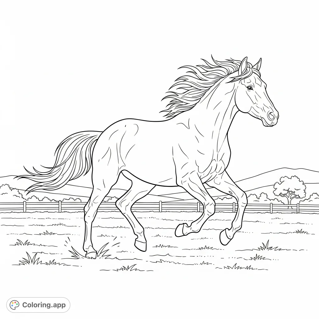 Capture the excitement of a powerful horse mid-gallop across an open field. A dynamic farm animal coloring page for all ages to enjoy.