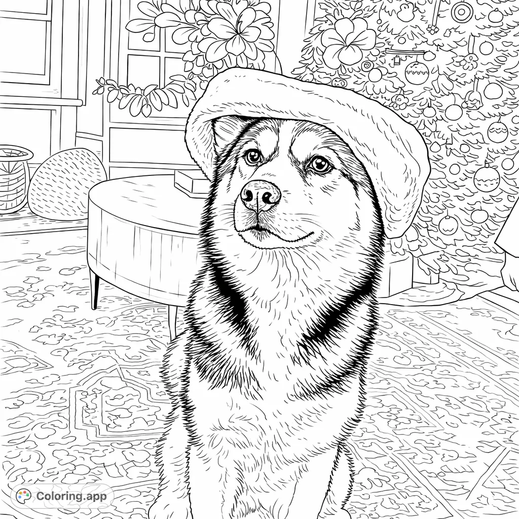 A charming husky wearing a fluffy hat sits in a festive indoor setting with a decorated tree. A delightful holiday-themed animal coloring page.