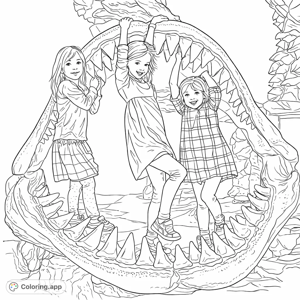 Three happy girls explore a giant shark jaw exhibit, posing amidst its formidable teeth. A playful and adventurous scene for young explorers.