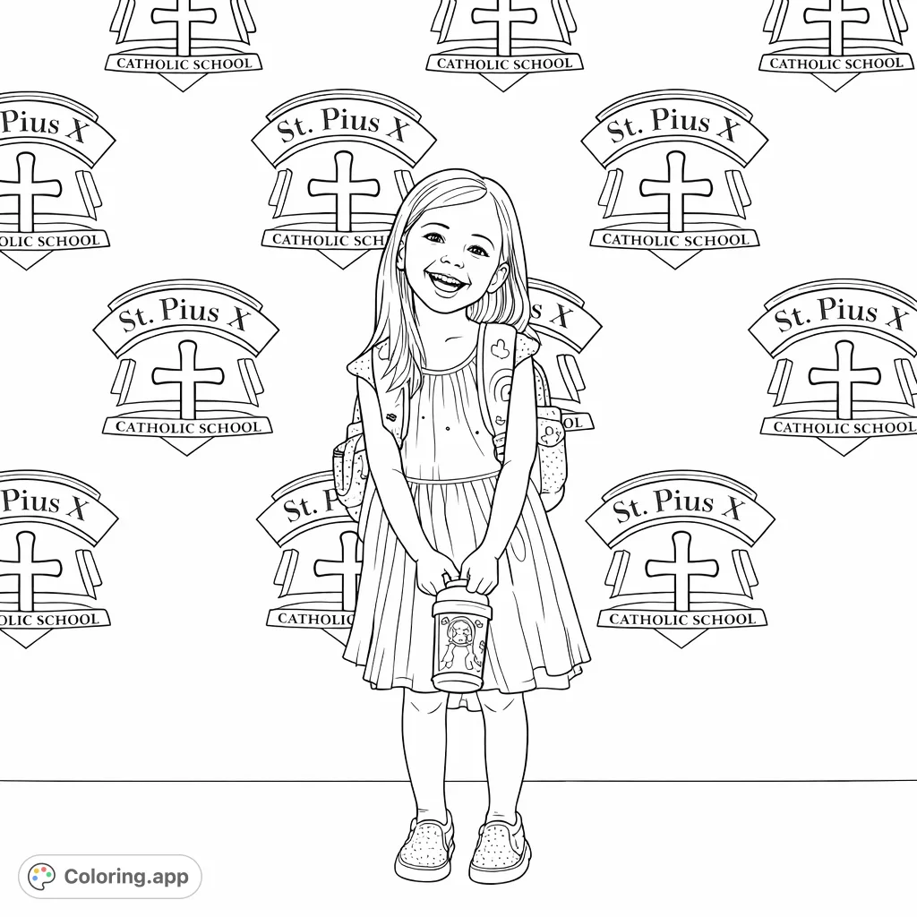 A cheerful girl ready for school with her backpack and water bottle, set against a backdrop of school emblems. Perfect for celebrating education and youthful joy.