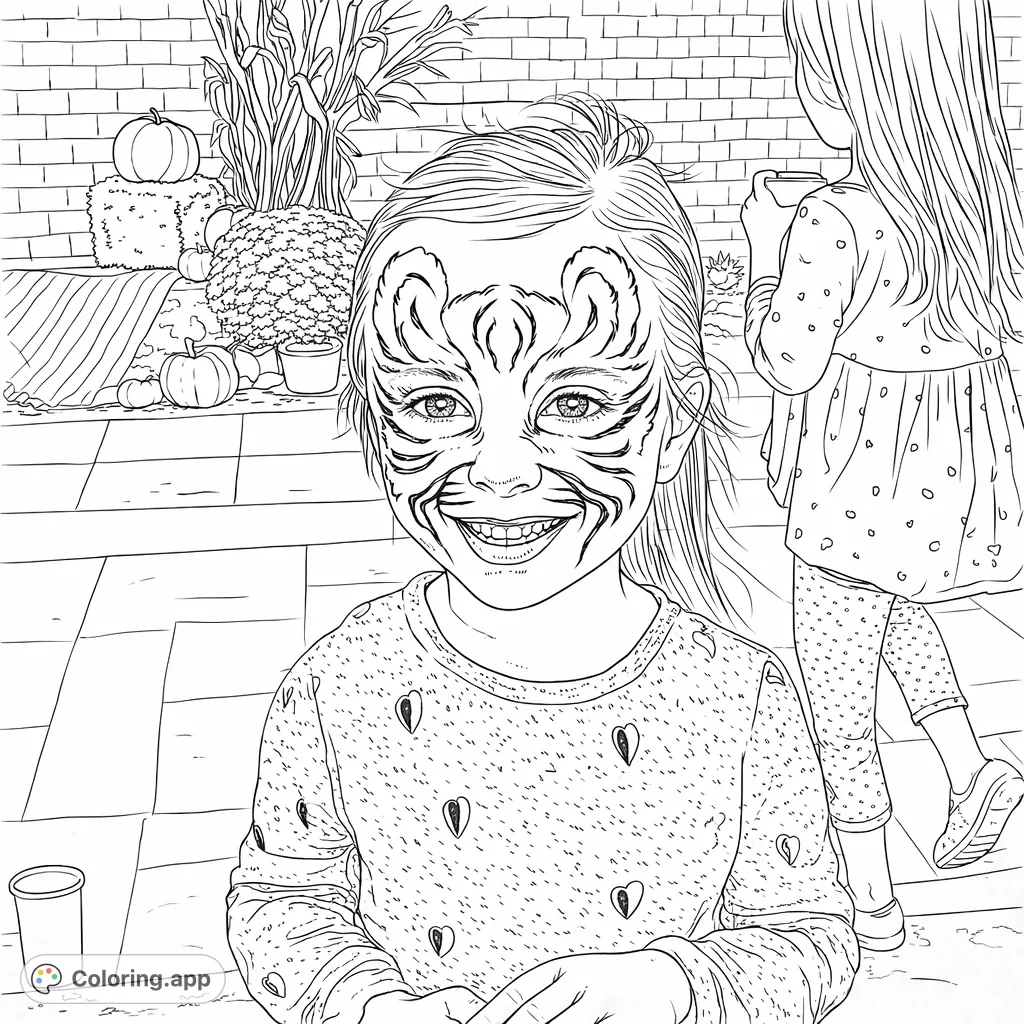 A cheerful young child with an elaborate tiger-like face paint design. Features a smile, heart-patterned shirt, and a festive autumn background. Perfect for creative fun!