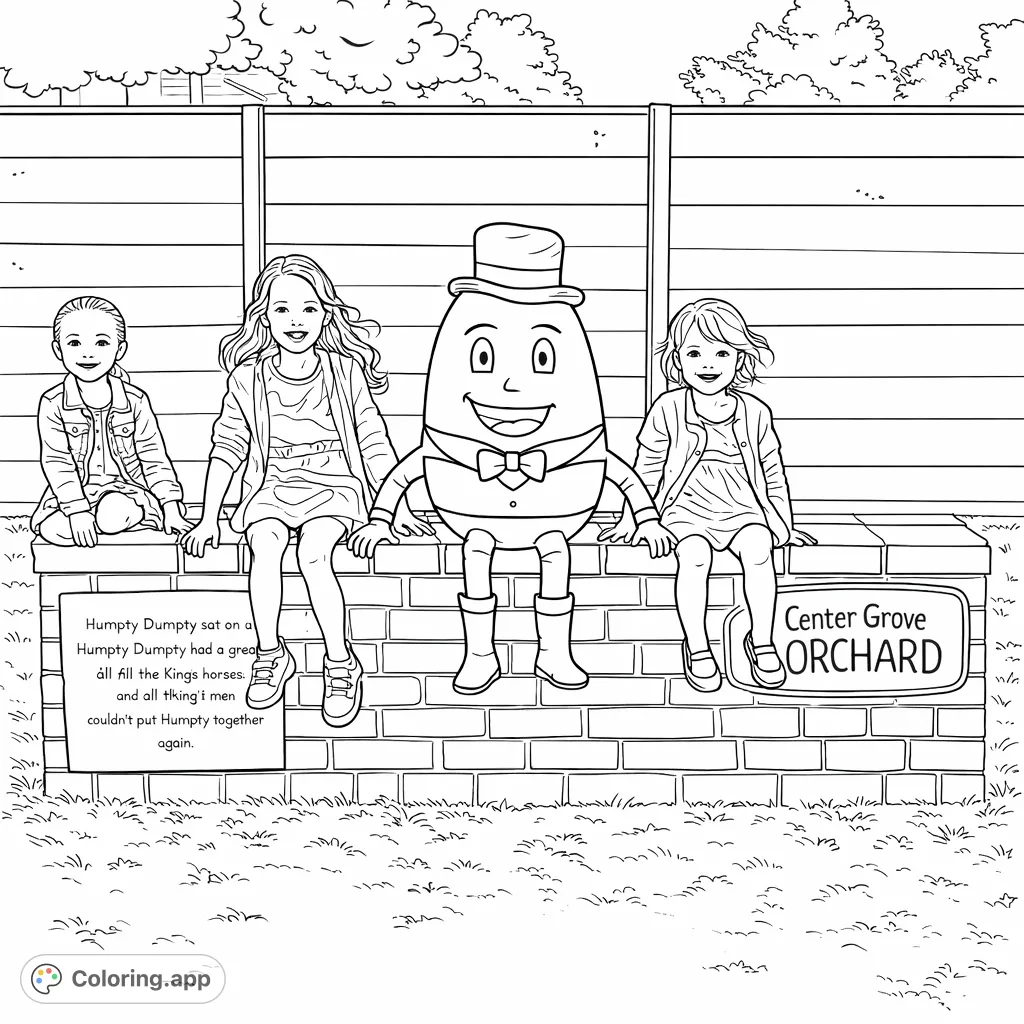 Three happy girls pose with a charming Humpty Dumpty statue on a brick wall, backed by a wooden fence, perfect for a whimsical coloring adventure.