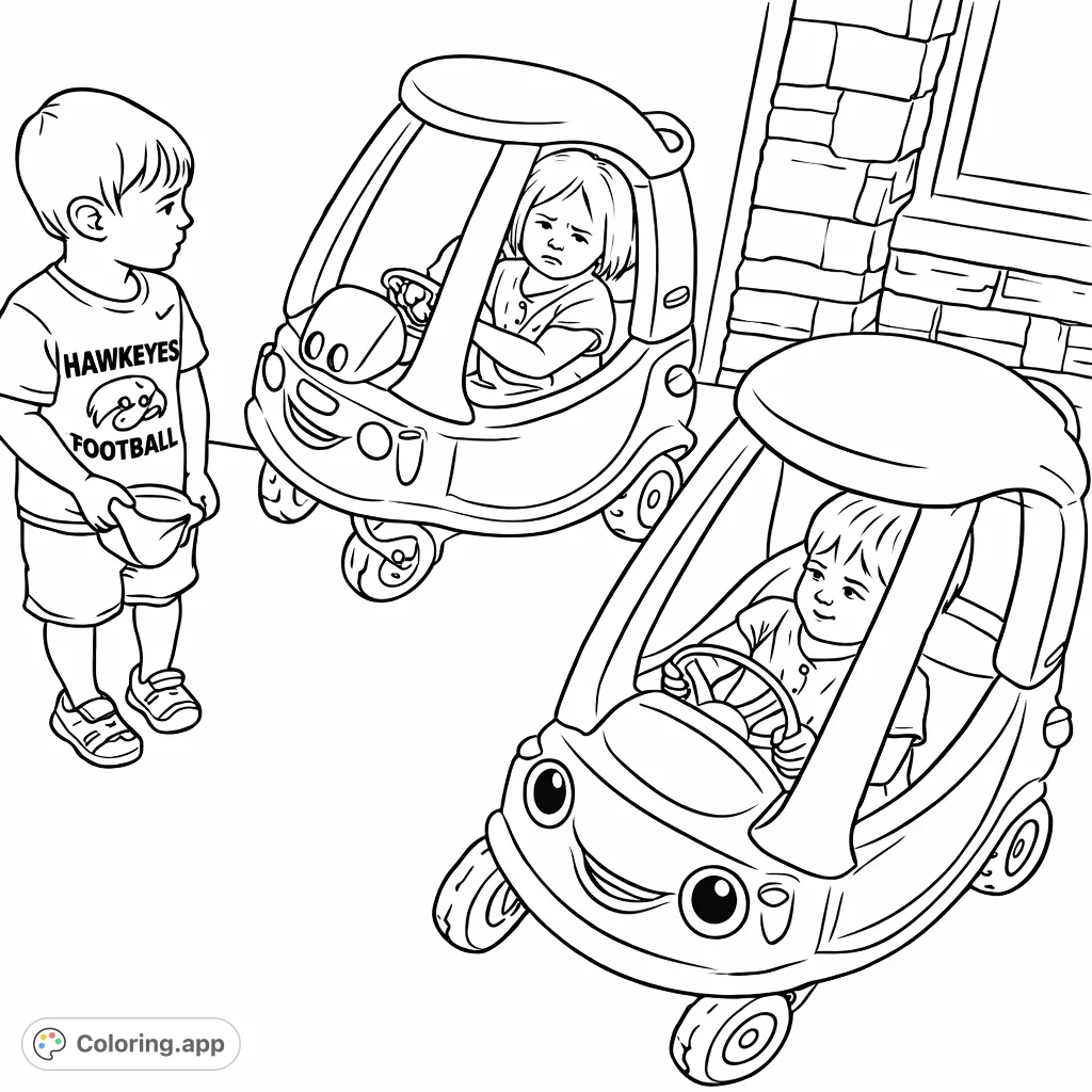 Join three children on an outdoor play adventure with their favorite toy cars! A fun scene for imaginative coloring and creative expression.