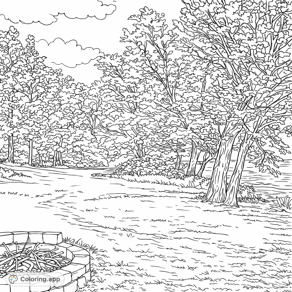 Explore a serene lakeside landscape featuring a rustic brick fire pit, open grassy area, and dense trees by flowing water, perfect for a peaceful coloring escape.