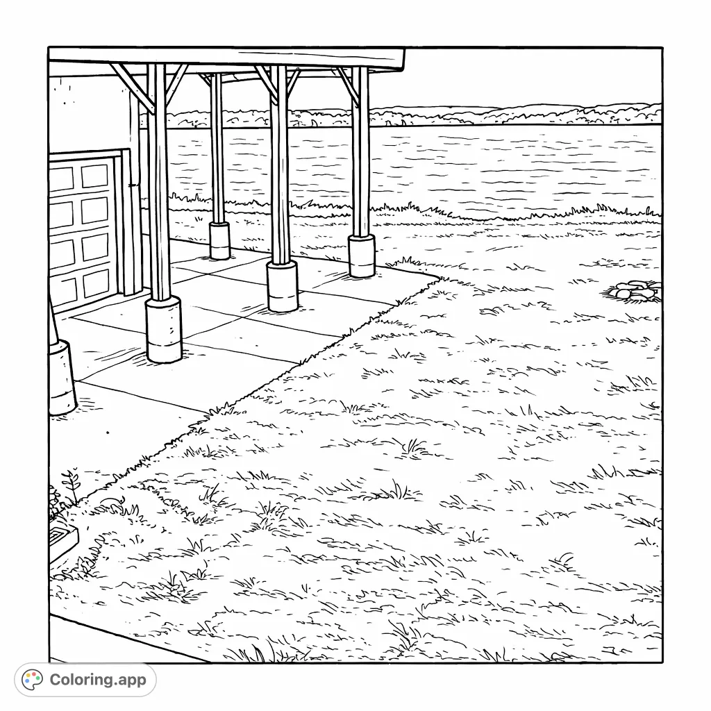 Color a serene lakeside pavilion scene, featuring a sturdy shelter, calm water, distant tree-lined shores, and a clear sky for relaxation.
