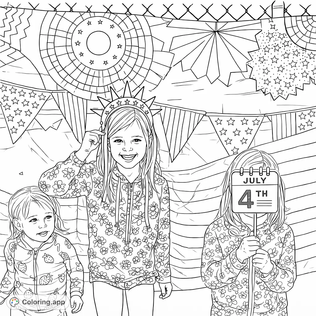 A joyous patriotic kids celebration coloring page featuring three cheerful girls with festive props against a backdrop of stars and stripes.